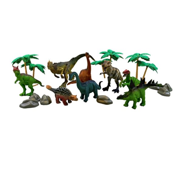 Plastic Toy Pre-historic Dinosaurs Hard Plastic Lot of 8 + Trees & Boulders - Picture 2 of 7